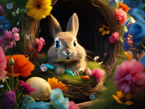 Feasts of the Lord's Resurrection: Easter bunny in the nest with colorful flowers. Easter background.
