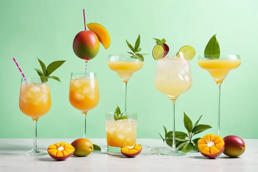 Tropical-inspired mangonada drinks garnished with succulent mango slices against a lively green setting