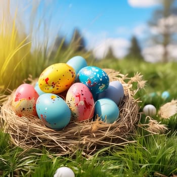 Feasts of the Lord's Resurrection: Easter eggs in nest on green grass background. Easter holiday concept