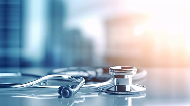 Hospital and doctors help: Stethoscope on a table in a hospital. 3d rendering