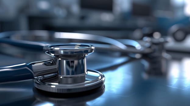 Hospital and doctors help: Stethoscope on table in medical office. 3d rendering.