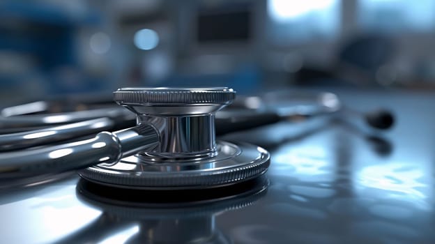 Hospital and doctors help: Stethoscope on a table in a hospital. 3d rendering