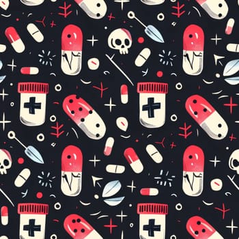 Hospital and doctors help: Seamless pattern with hand drawn pills and drugs. Vector illustration.