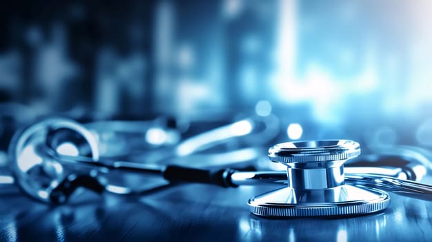 Hospital and doctors help: Stethoscope on the table. Medical concept. 3d rendering
