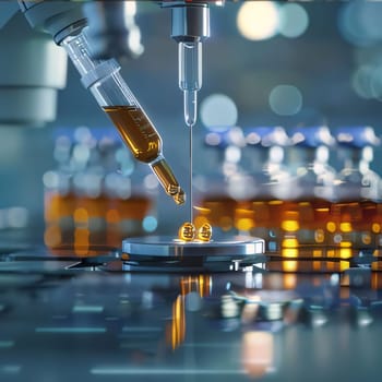 Hospital and doctors help: Laboratory glassware containing chemical liquid, 3d rendering toned image
