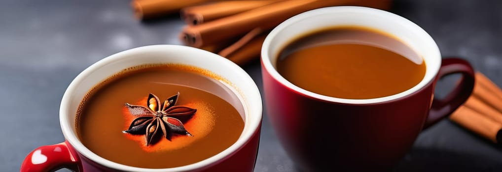 Pair of cozy mugs filled with aromatic Champurrado, garnished with cinnamon sticks and star anise, set against a clean white backdrop with room for text