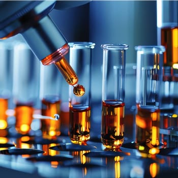 Hospital and doctors help: Laboratory glassware containing chemical liquid. Laboratory research and development concept.