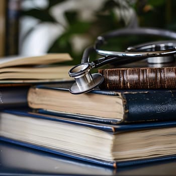 Hospital and doctors help: Stethoscope on a stack of old books. Medical background.