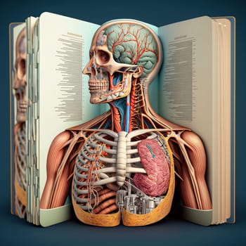 Hospital and doctors help: Human body anatomy with open book on blue background. 3d illustration