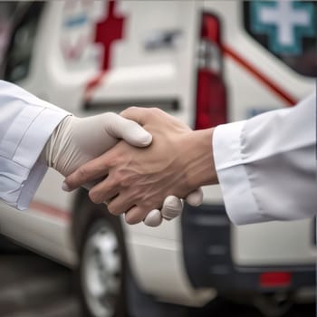 Hospital and doctors help: Doctor and patient shaking hands in front of ambulance car. Healthcare and medical concept.