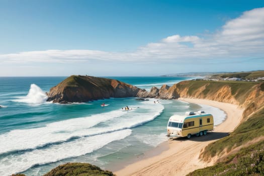 Traveling in a motorhome along the seashore. The concept of traveling by car and tourist routes