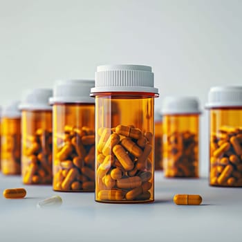 Hospital and doctors help: Pills and capsules on a gray background. 3d rendering.