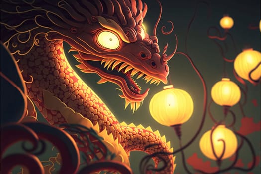 Banner: Chinese dragon with Chinese lanterns and lanterns. Vector illustration.