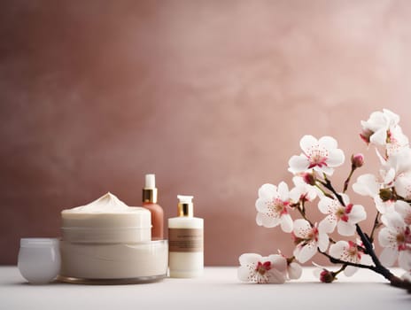 Banner: Cherry blossom cosmetic products on wooden table and brown background.