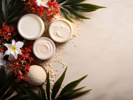Banner: Spa composition with face cream and flowersle background, top view