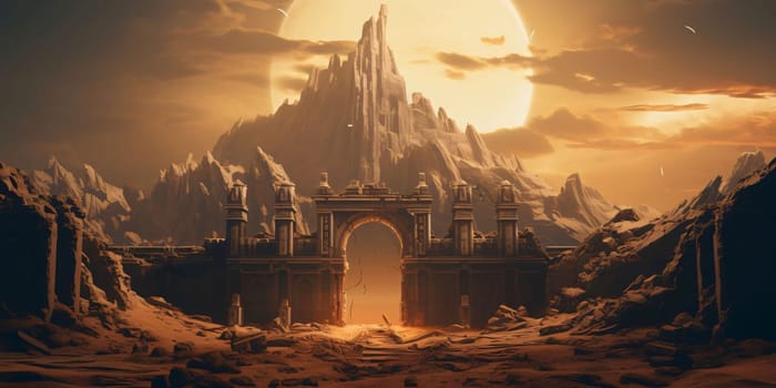 Banner: Fantasy Landscape with a gate in the desert. 3d rendering