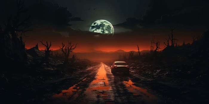 Banner: Car driving through the forest at night with full moon. 3D rendering