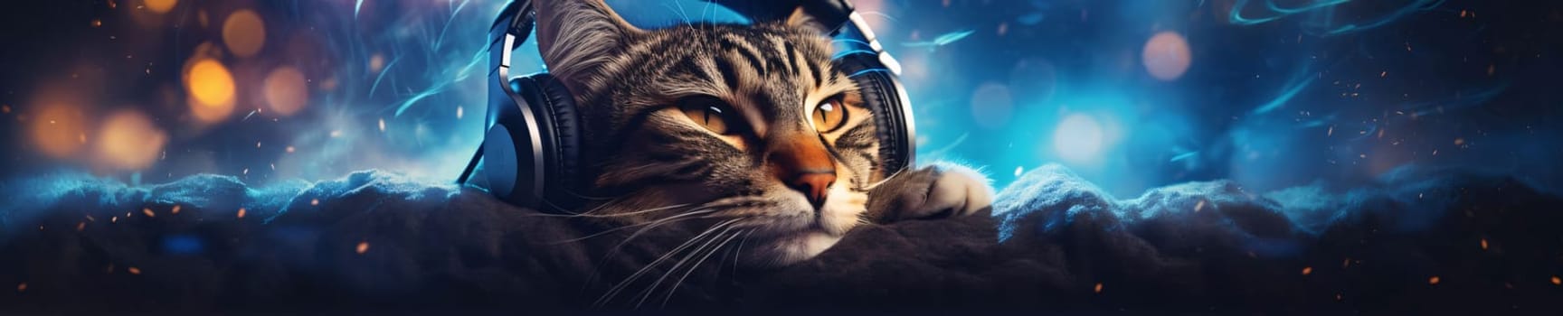 Banner: Portrait of a cat wearing headphones and listening to music. Mixed media