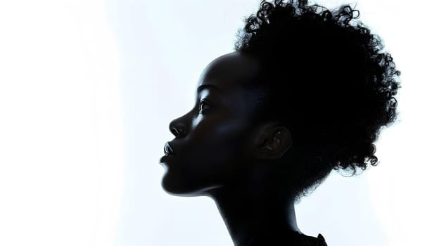An artistic silhouette featuring a womans head with curly Jheri curl black hair against a white background, showcasing a mix of art and fashion design