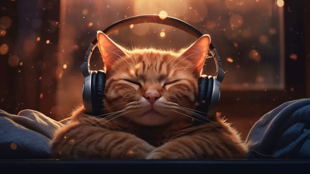 Banner: Cute ginger cat in headphones lying on the windowsill at night