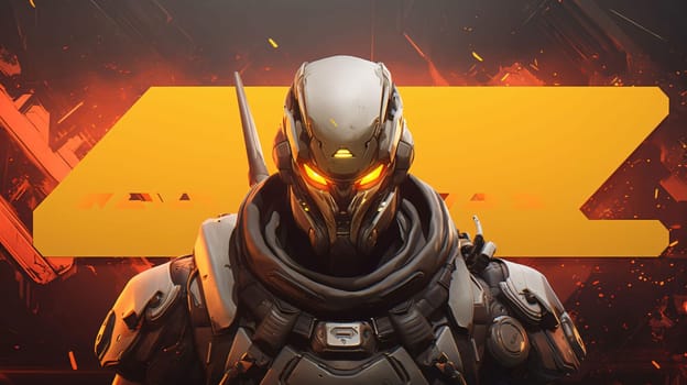 Banner: Futuristic cyber man in front of a futuristic background. 3d rendering