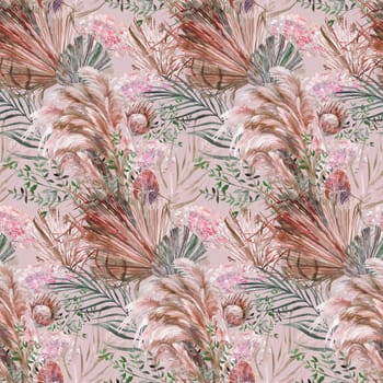 Watercolor seamless pattern with a herbarium of protea flowers and tropical palm leaves for textile