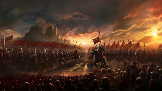 Banner: Medieval battle scene with cavalry and infantry. 3d render illustration