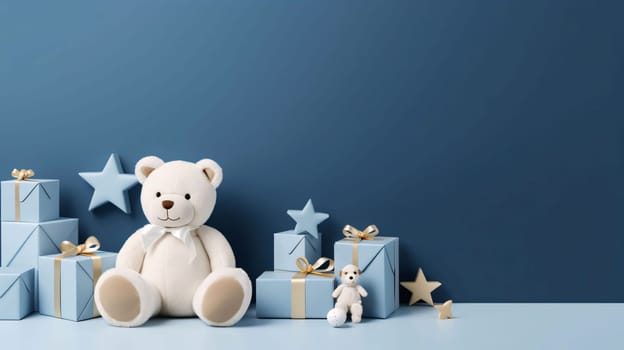 Banner: 3d render of white teddy bear with gift boxes on blue background