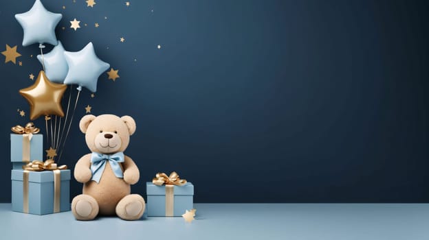 Banner: 3d rendering of teddy bear with star and gift box on blue background