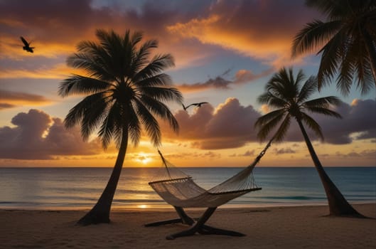 Tropical Getaway. Hammock Hanging Between Palm Trees on Secluded Beach at Sunset.