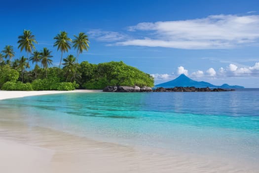 Serene beach view with palm trees and distant island. The concept of recreation and tourism