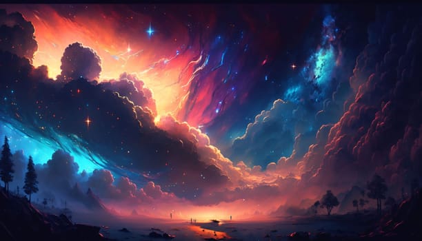 Banner: Fantasy landscape with stormy sky and sea. 3d illustration