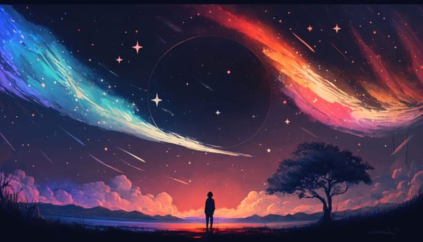 Banner: Night starry sky with stars and silhouette of a girl in the foreground