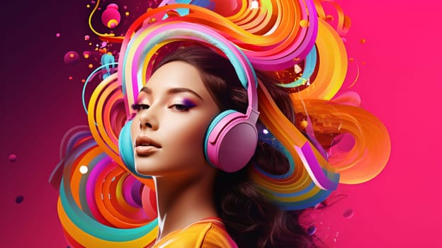 Banner: Beautiful young woman with headphones listening to music. Multicolor abstract background.
