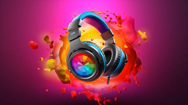 Banner: Digital illustration of Headphones in colour background. 3D rendering