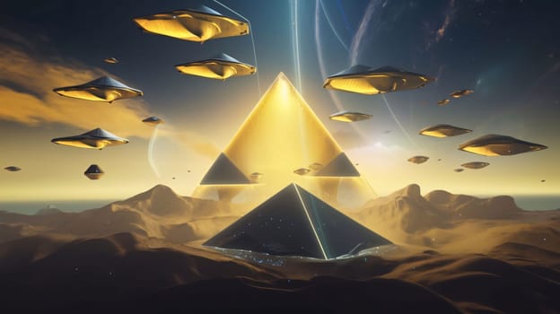 Banner: 3d illustration of a pyramid in the desert. 3d rendering