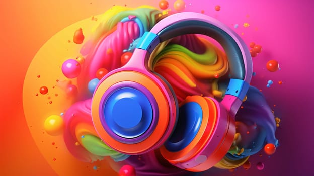 Banner: 3d rendering of headphones with colorful abstract background. Music concept.