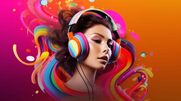 Banner: Beautiful young woman with headphones listening to music. Colorful background.