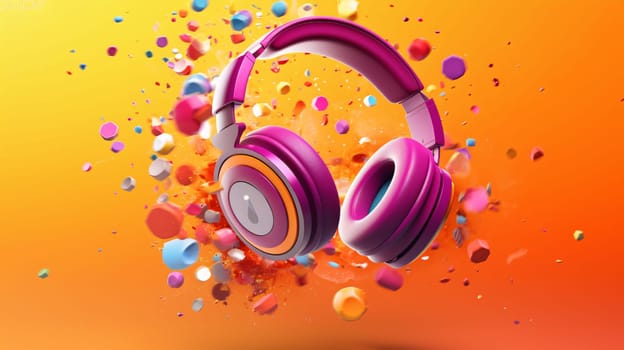 Banner: 3d rendering of purple headphones with colorful confetti on orange background