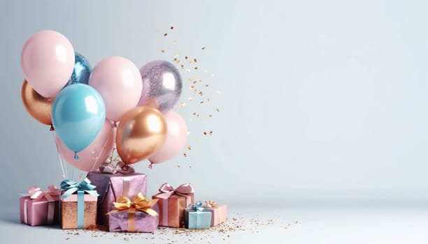 Banner: Gift boxes with balloons and confetti on light background. 3d rendering