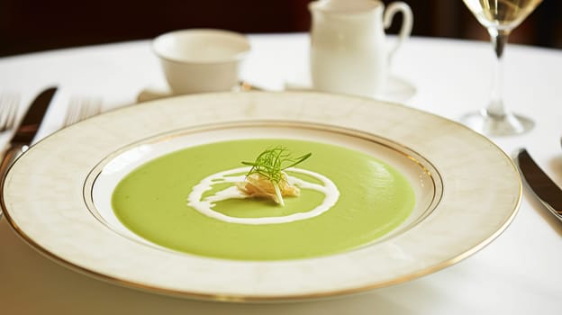 Pea cream soup in a restaurant, English countryside exquisite cuisine menu, culinary art food and fine dining experience