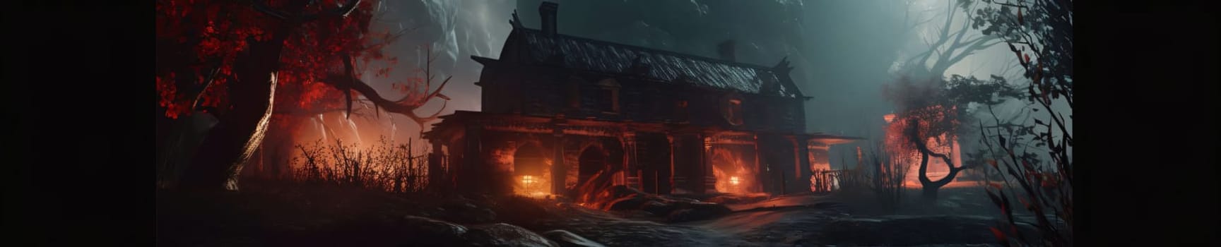 Banner: Halloween concept. Horror scene with haunted house at night. Horror Halloween background