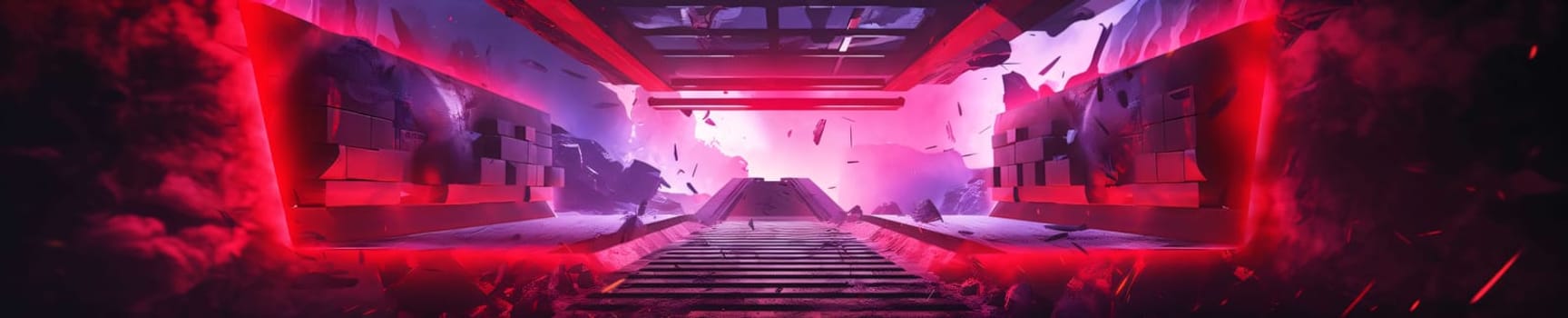 Banner: Futuristic sci-fi tunnel corridor with neon lights. 3D rendering