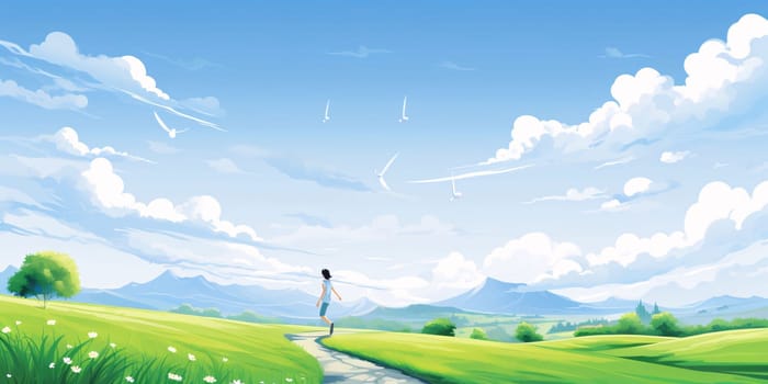 Banner: Young woman walking on the road in the meadow with white clouds.