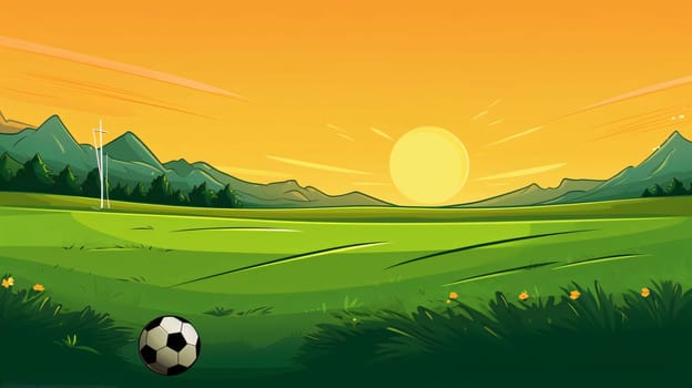Banner: Illustration of a soccer field at sunset with a ball in the foreground