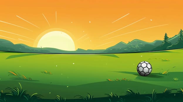 Banner: Illustration of a sunset with a soccer ball on a green field