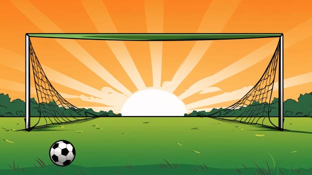 Banner: Soccer goal with ball in the field at sunset. Vector illustration
