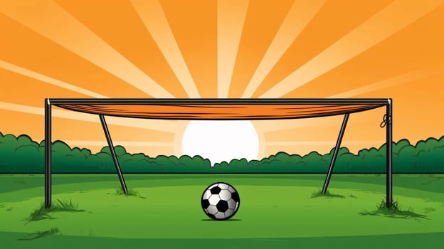 Banner: Soccer goal with ball on the field at sunset. Vector illustration