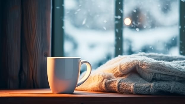 Winter holidays, calm and cosy home, cup of tea or coffee mug and knitted blanket near window in the English countryside cottage, holiday atmosphere inspiration