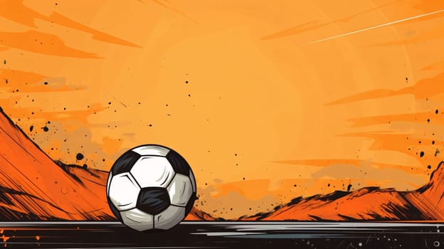 Banner: Soccer ball on the background of the sunset. Vector illustration.
